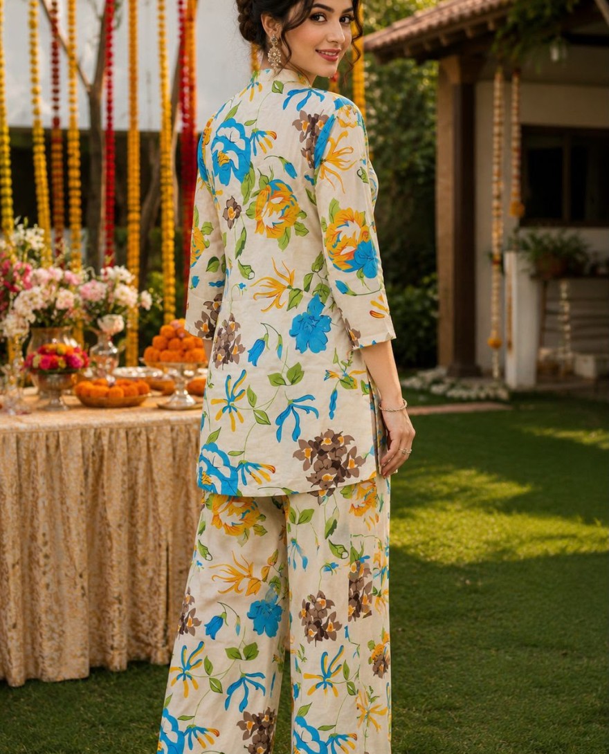 CREAM - Cream Poly Cotton Print Work Casual Kurti for Festival